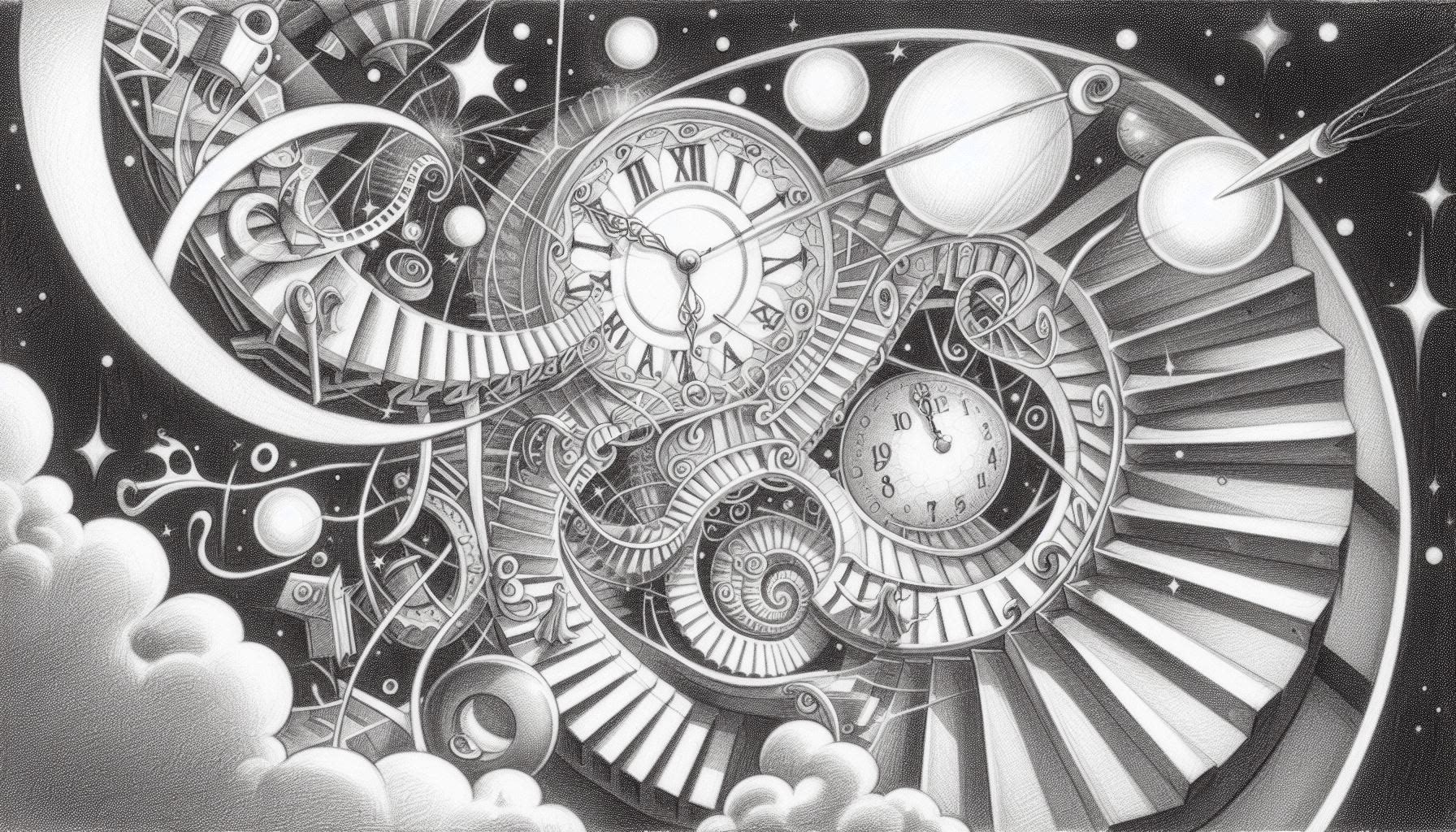 An AI-generated pencil-drawn sketch of a dream sequence. A spiral staircase descends into a clock face, surrounded by planets, clouds and stars.
